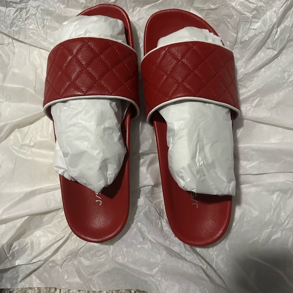 J Slides Quilted Leather Red with White 8.5 NWT
